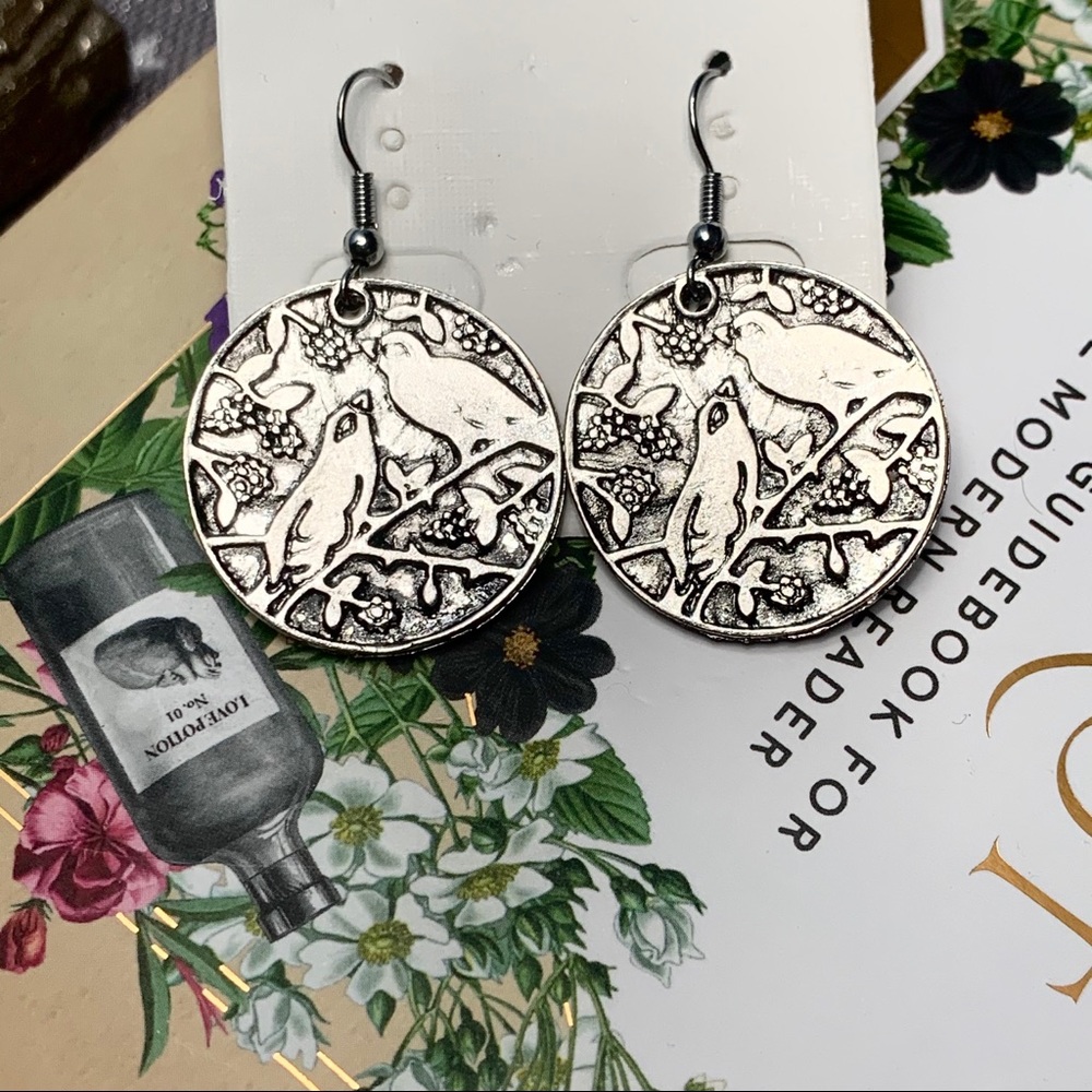 Antiqued Silver Birds Tree Branch Coin Earrings